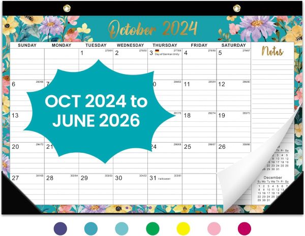 Desk Calendar 2025, 21 Months Calendar Runs from October 2024 to June 2026 - Large 17" x 12" Desktop/Wall Monthly Calendar for Home School, or Office - 2025 New Edition, Floral Pattern