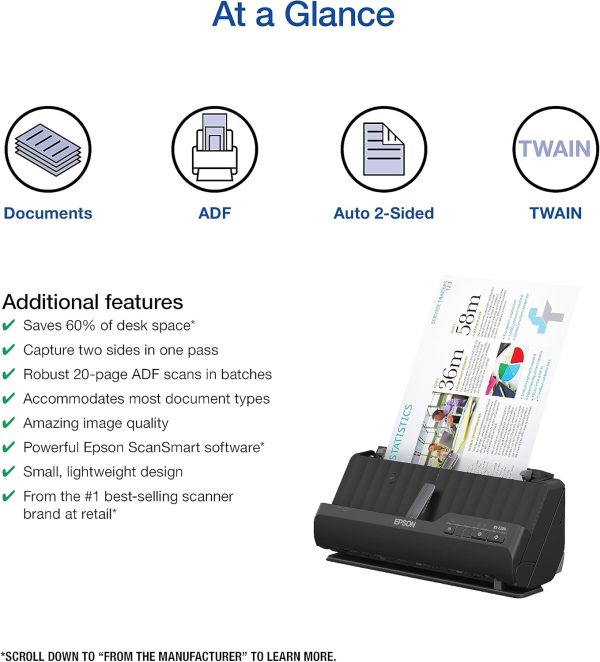 Epson Workforce ES-400 II Color Duplex Desktop Document Scanner for PC and Mac, with Auto Document Feeder (ADF) and Image Adjustment Tools, ES-400 II - Image 2