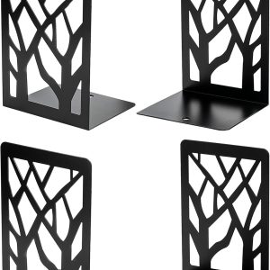 MaxGear Tree Design Modern Bookends for Shelves, Non-Skid Book Holder, Heavy Duty Metal Storage for Books/CDs, Decorative Book Stopper for Home, 7 x 4.7 x 3.5”, Black (2 Pair/4 Pieces)