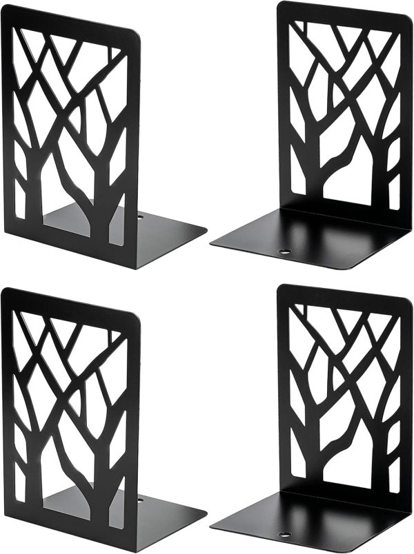 MaxGear Tree Design Modern Bookends for Shelves, Non-Skid Book Holder, Heavy Duty Metal Storage for Books/CDs, Decorative Book Stopper for Home, 7 x 4.7 x 3.5”, Black (2 Pair/4 Pieces)